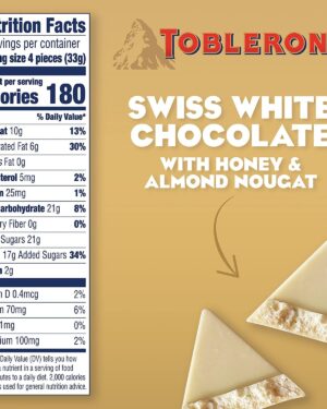 Toblerone White Chocolate with Honey and Almond Nougat Block 100g - Image 4