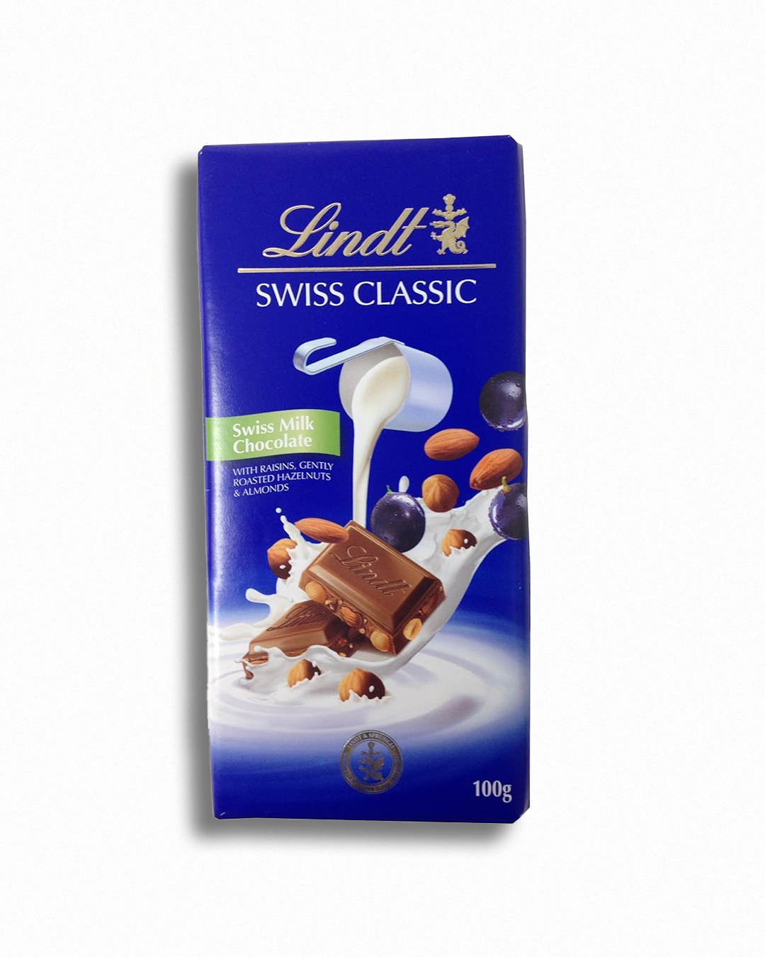 Lindts Swiss Classic Milk Chocolate With Raisin, Gently Roasted Hazelnut & Almond 100gm Bar